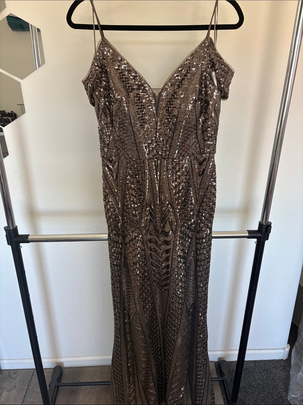 Night Way Collections Bronze Sequin Cold-Shoulder Prom Gown